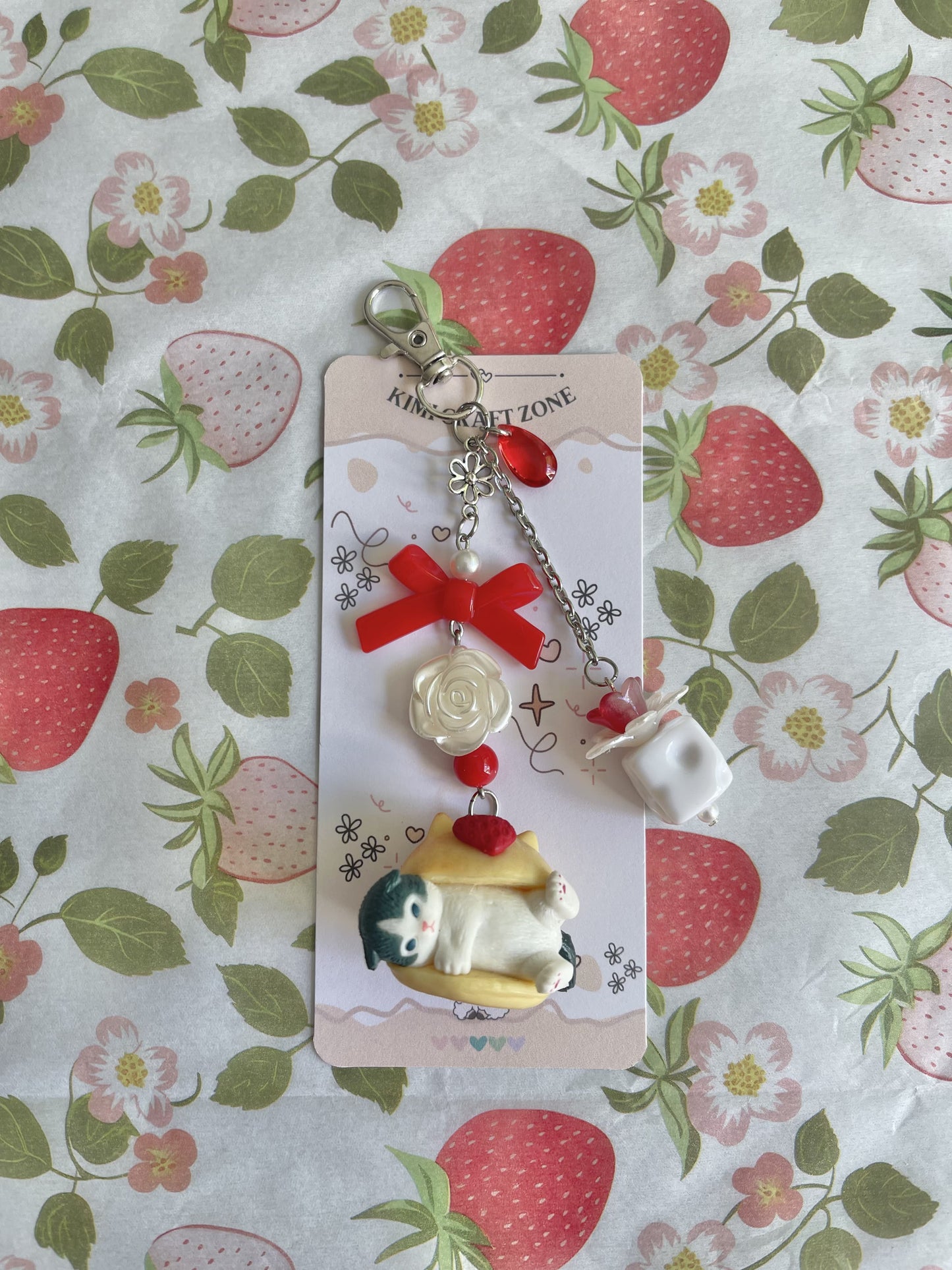 Strawberry Ribbon Cat Keychain